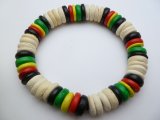 Beige, Black & Rasta Color 10mm Coconut Beads Stretchable Bracel